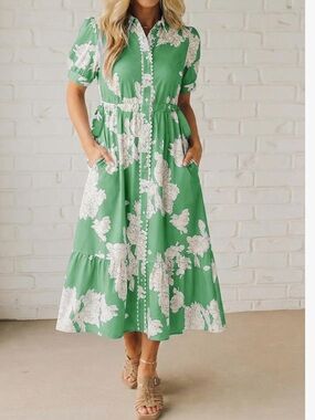 Wenrine Green Floral Button Front Midi Dress L Cottagecore